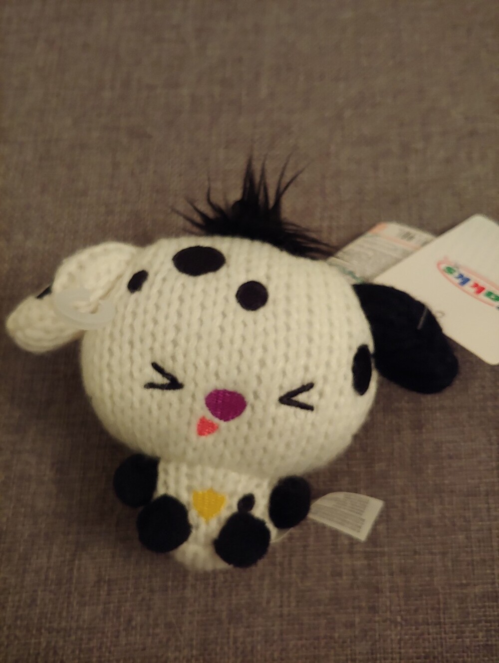 Knit Plush Puppy Toy - White with Black Spots